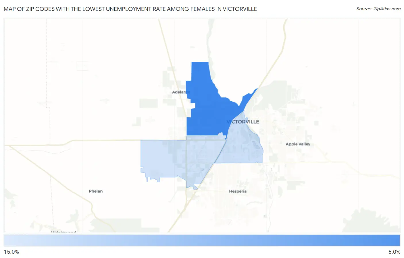 Zip Codes with the Lowest Unemployment Rate Among Females in Victorville Map