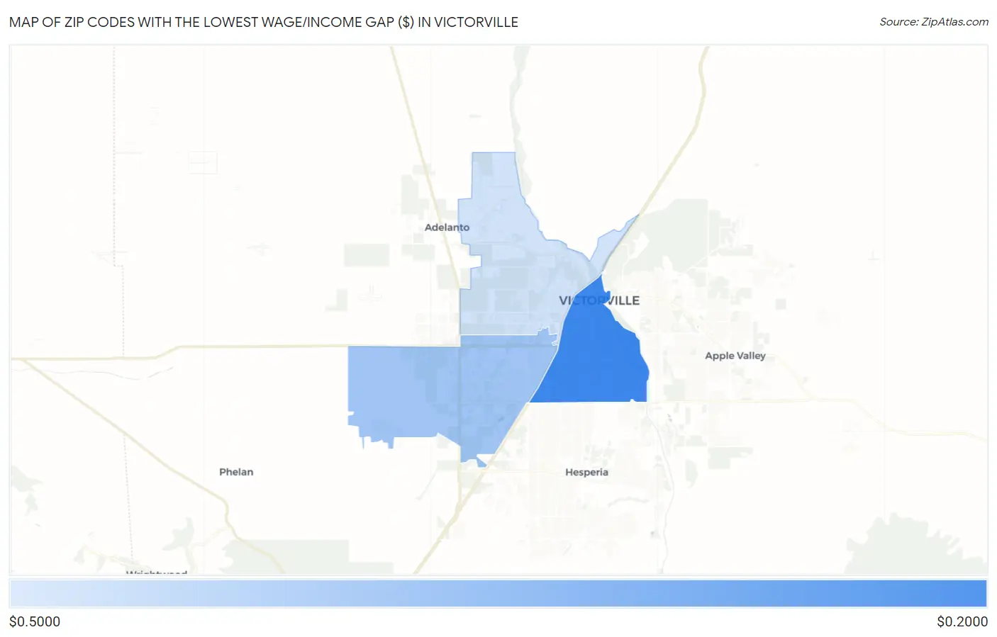 Zip Codes with the Lowest Wage/Income Gap ($) in Victorville Map
