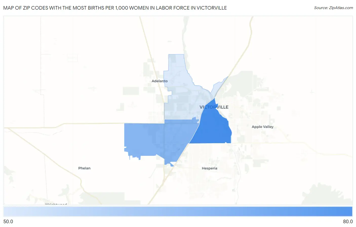 Zip Codes with the Most Births per 1,000 Women in Labor Force in Victorville Map