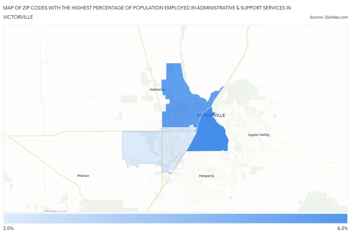 Zip Codes with the Highest Percentage of Population Employed in Administrative & Support Services in Victorville Map