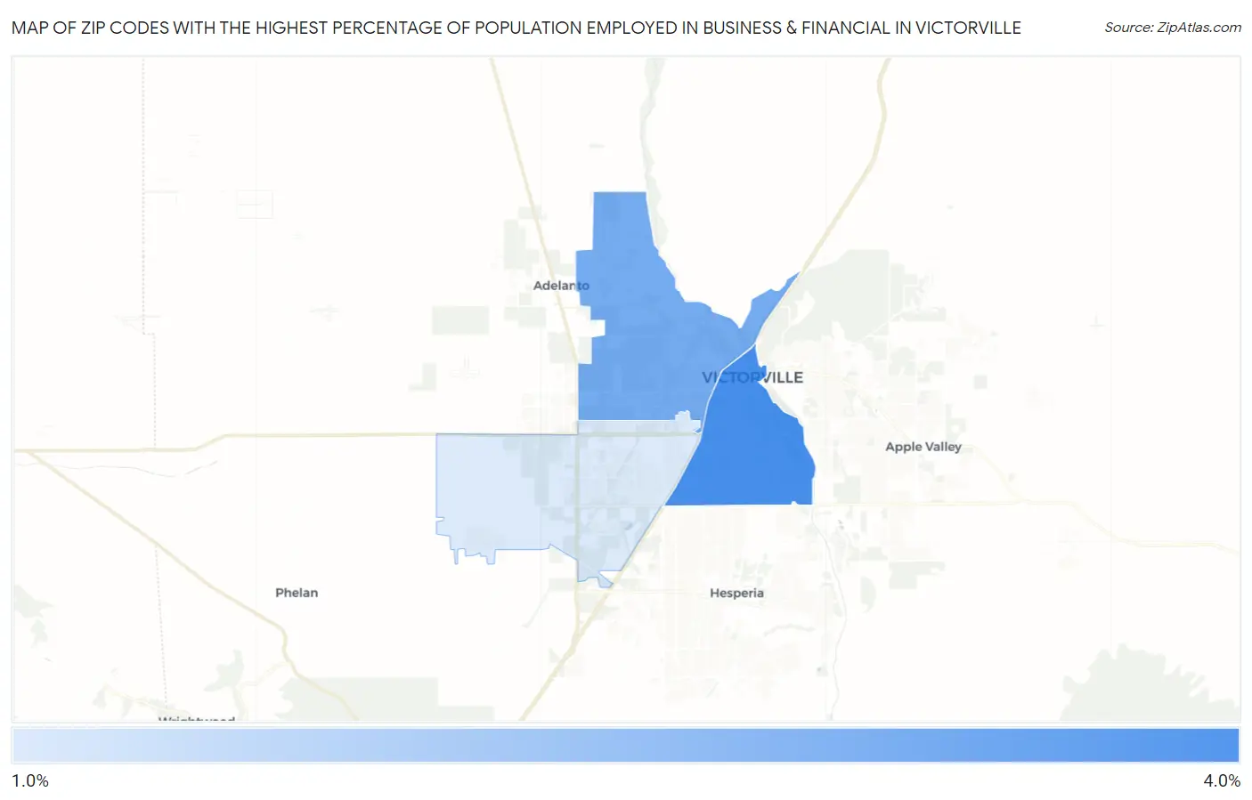 Zip Codes with the Highest Percentage of Population Employed in Business & Financial in Victorville Map