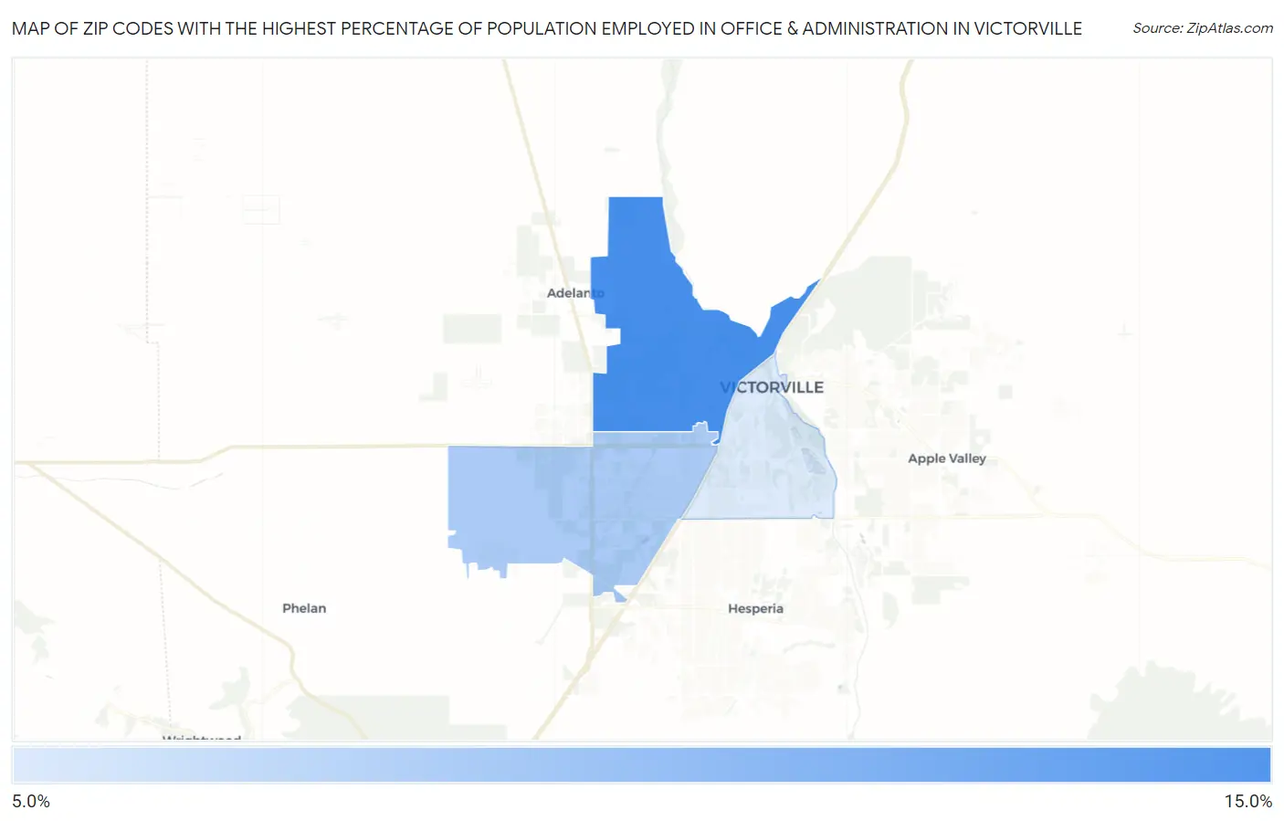 Zip Codes with the Highest Percentage of Population Employed in Office & Administration in Victorville Map