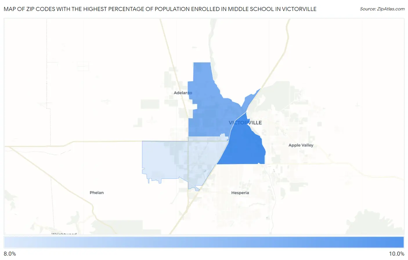 Zip Codes with the Highest Percentage of Population Enrolled in Middle School in Victorville Map