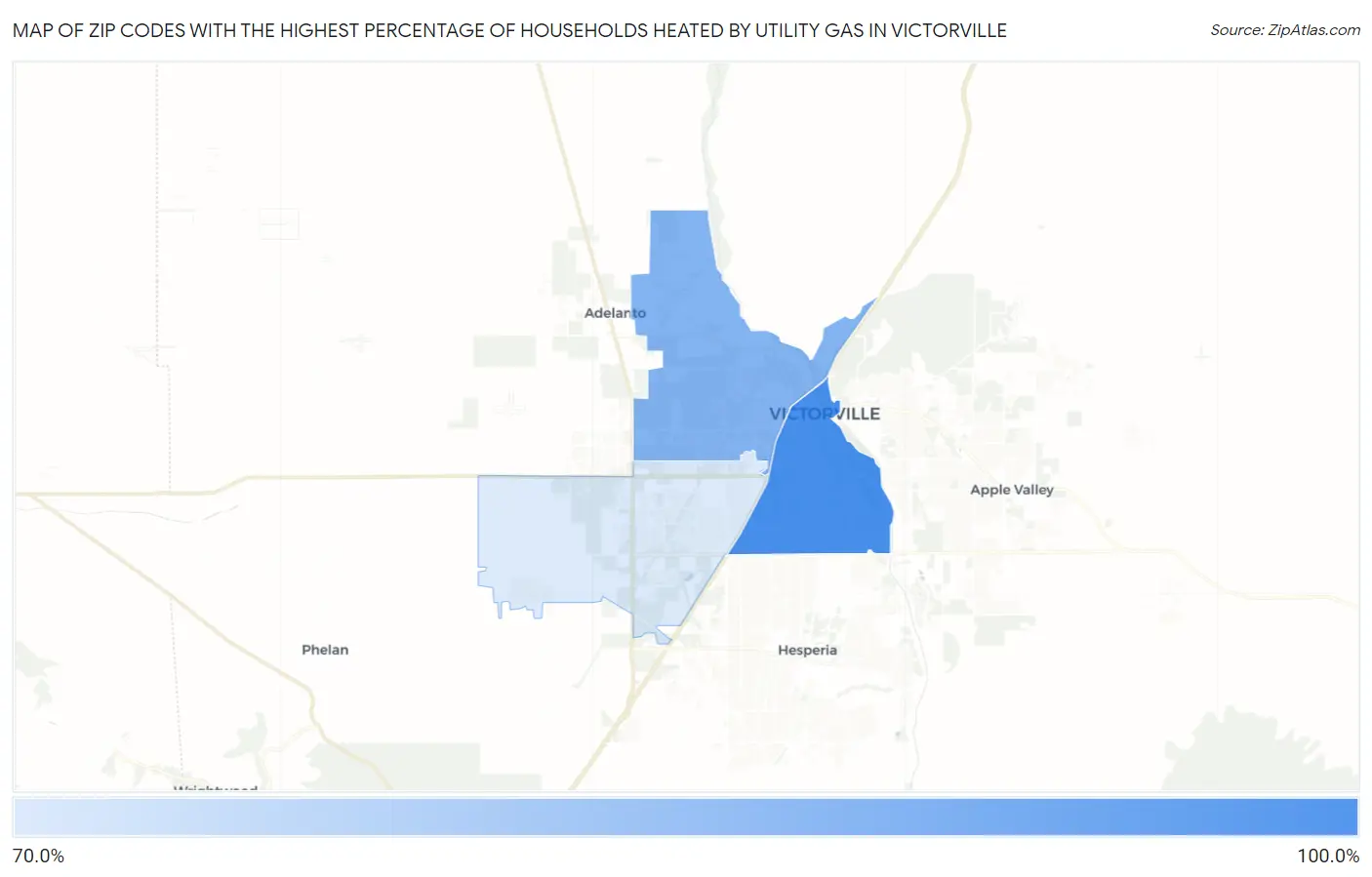 Zip Codes with the Highest Percentage of Households Heated by Utility Gas in Victorville Map