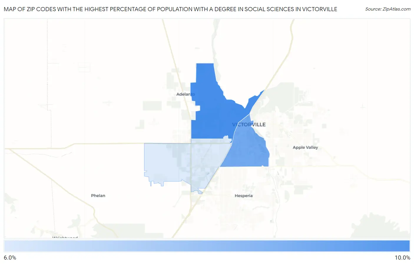 Zip Codes with the Highest Percentage of Population with a Degree in Social Sciences in Victorville Map