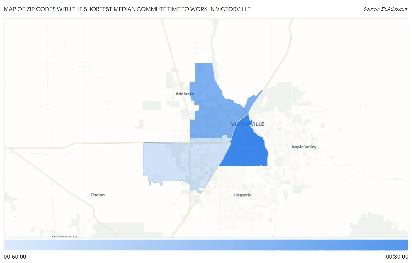 Zip Codes with the Shortest Median Commute Time to Work in Victorville Map