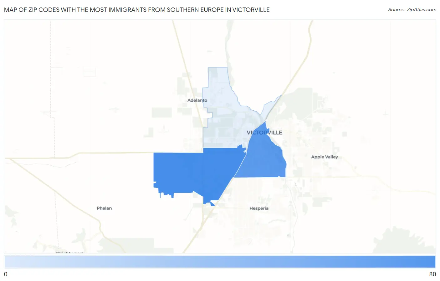 Zip Codes with the Most Immigrants from Southern Europe in Victorville Map