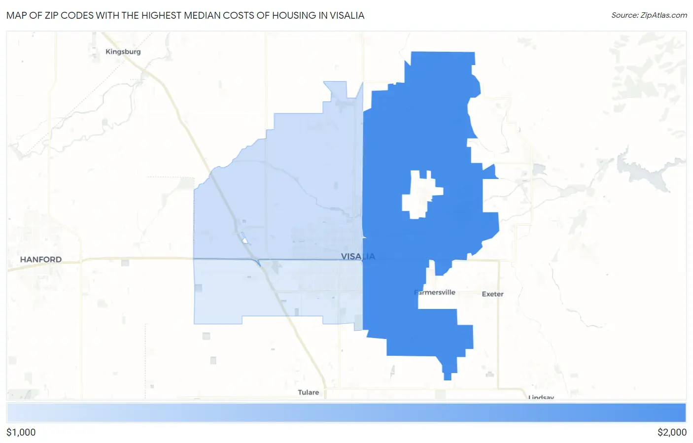 Zip Codes with the Highest Median Costs of Housing in Visalia Map