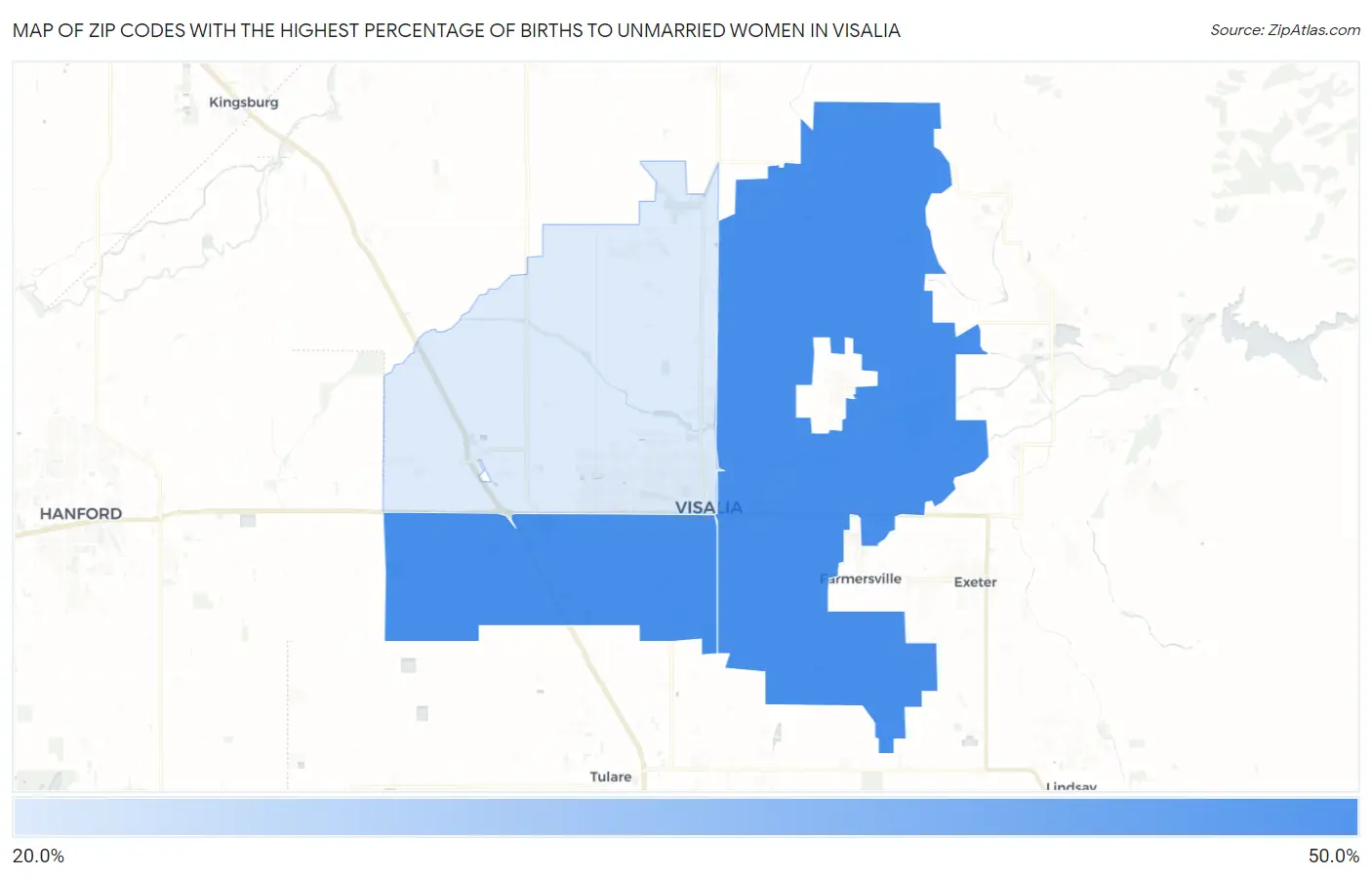 Zip Codes with the Highest Percentage of Births to Unmarried Women in Visalia Map
