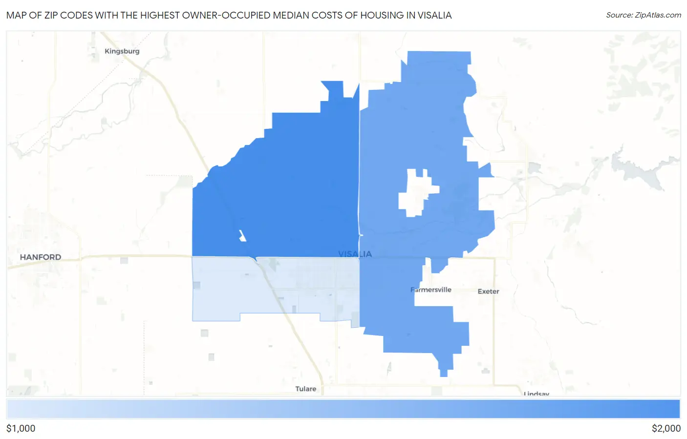 Zip Codes with the Highest Owner-Occupied Median Costs of Housing in Visalia Map