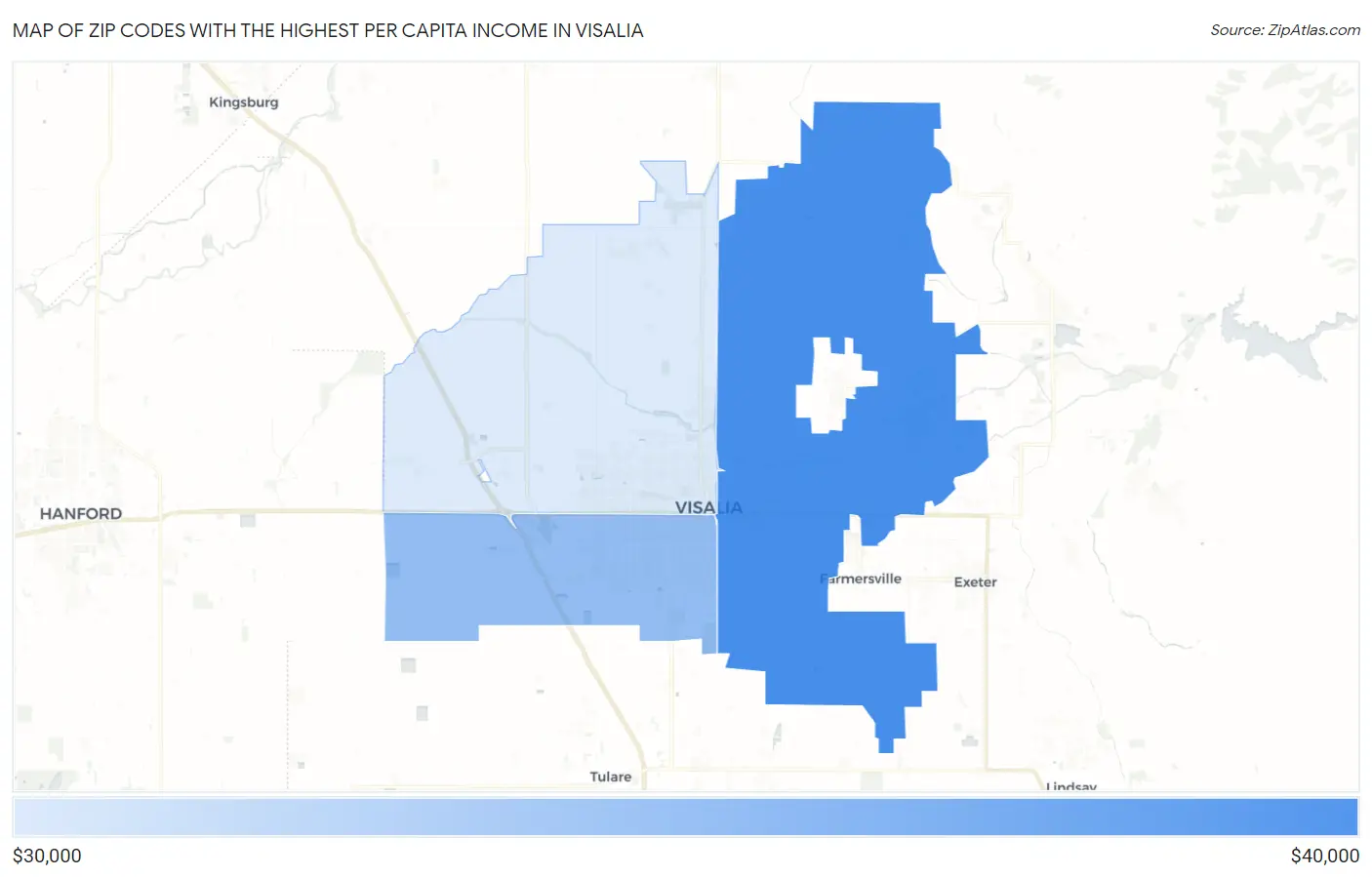 Zip Codes with the Highest Per Capita Income in Visalia Map