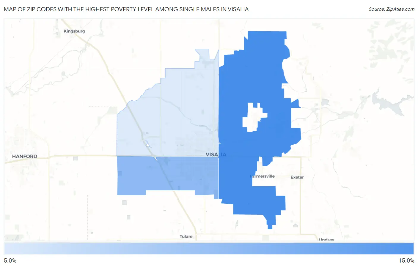 Zip Codes with the Highest Poverty Level Among Single Males in Visalia Map