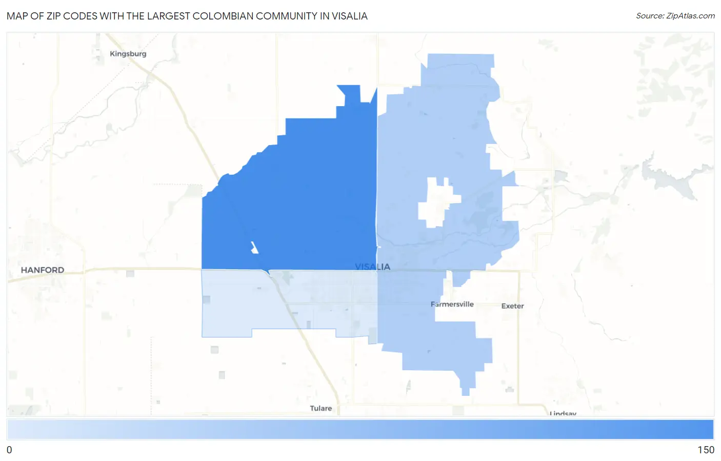 Zip Codes with the Largest Colombian Community in Visalia Map