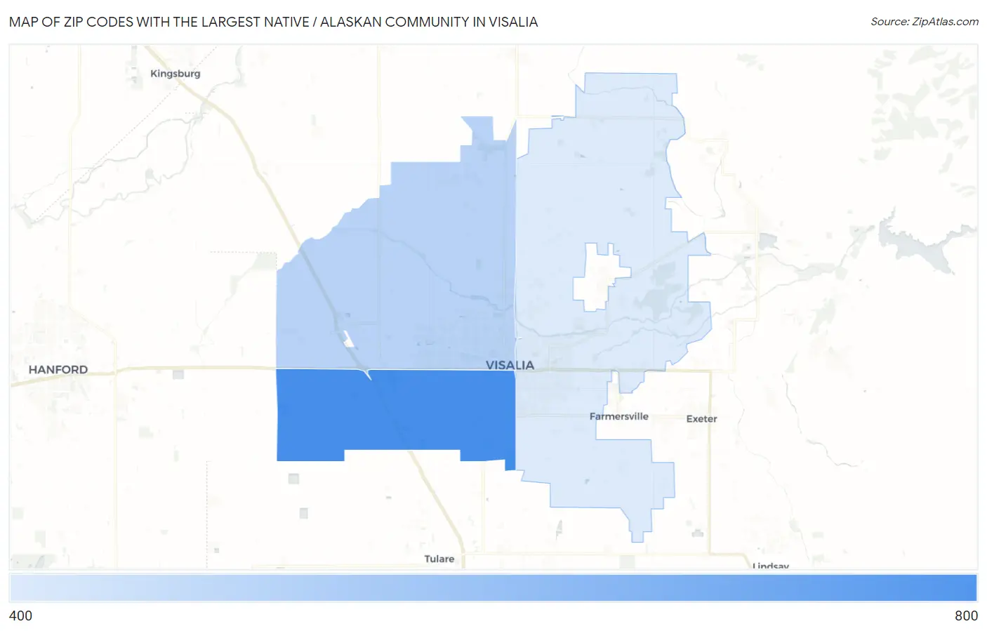 Zip Codes with the Largest Native / Alaskan Community in Visalia Map