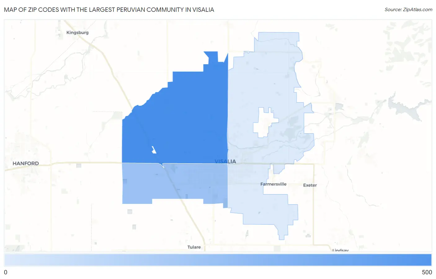 Zip Codes with the Largest Peruvian Community in Visalia Map
