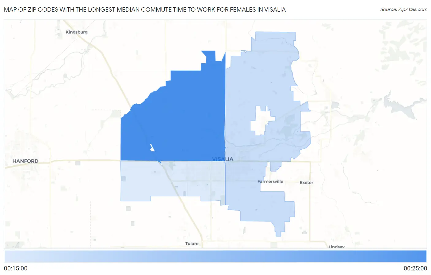 Zip Codes with the Longest Median Commute Time to Work for Females in Visalia Map