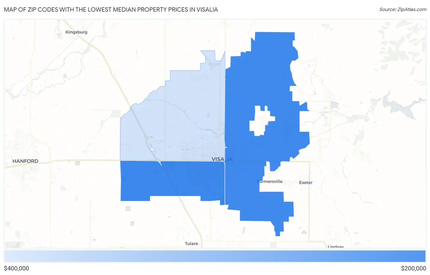 Zip Codes with the Lowest Median Property Prices in Visalia Map