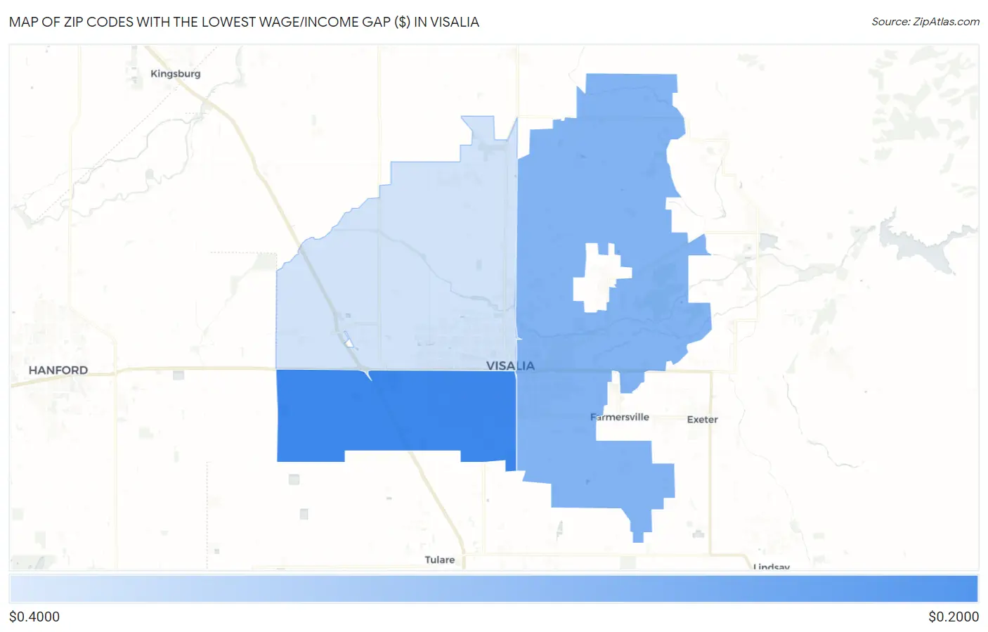 Zip Codes with the Lowest Wage/Income Gap ($) in Visalia Map
