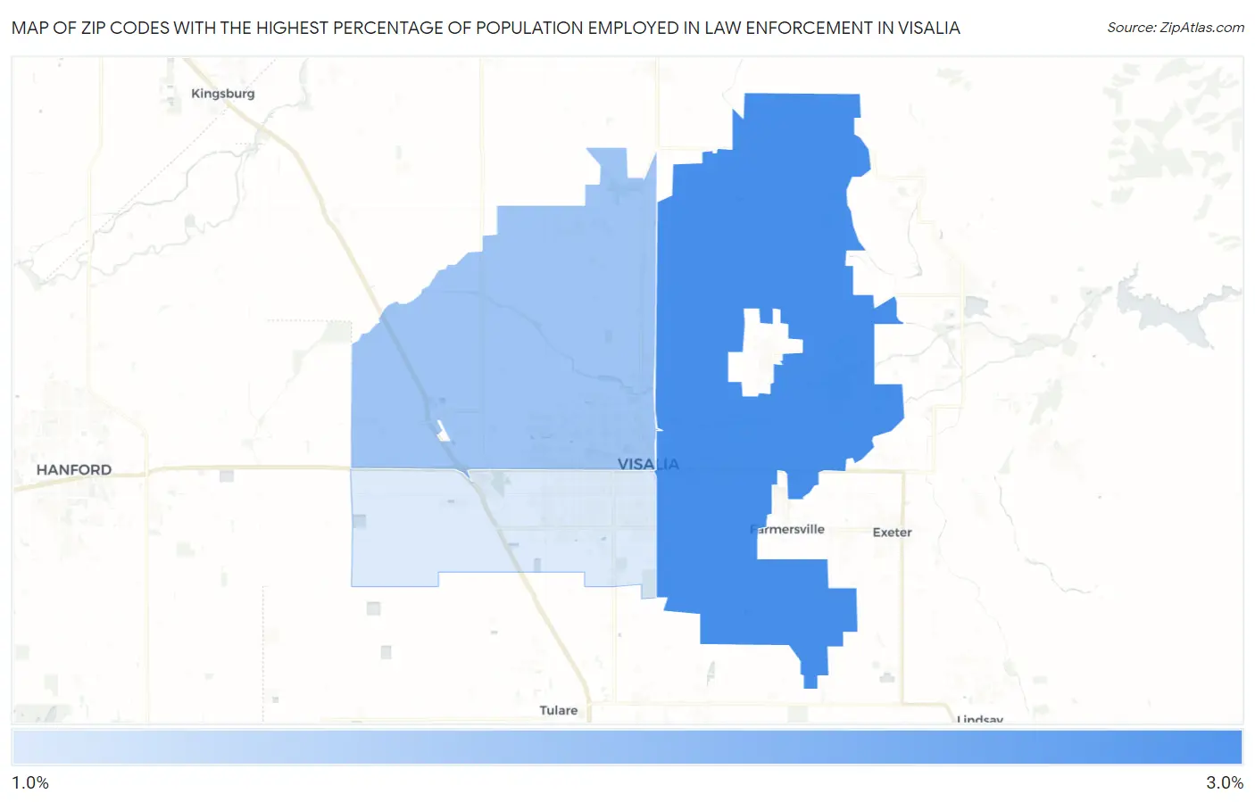 Zip Codes with the Highest Percentage of Population Employed in Law Enforcement in Visalia Map