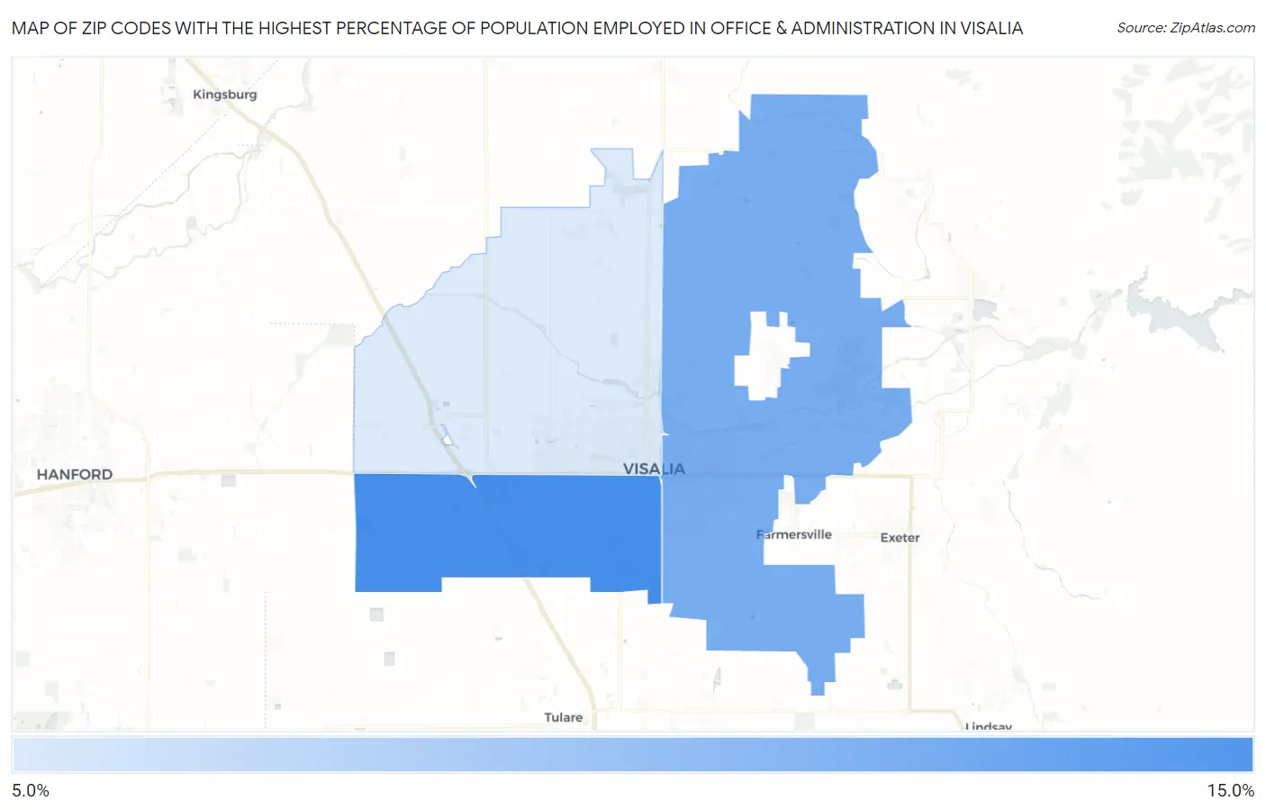 Zip Codes with the Highest Percentage of Population Employed in Office & Administration in Visalia Map