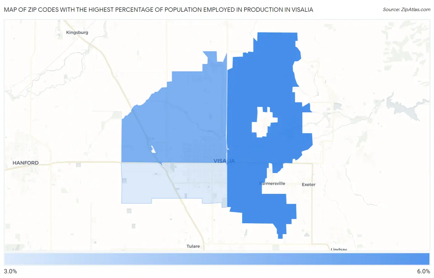 Zip Codes with the Highest Percentage of Population Employed in Production in Visalia Map