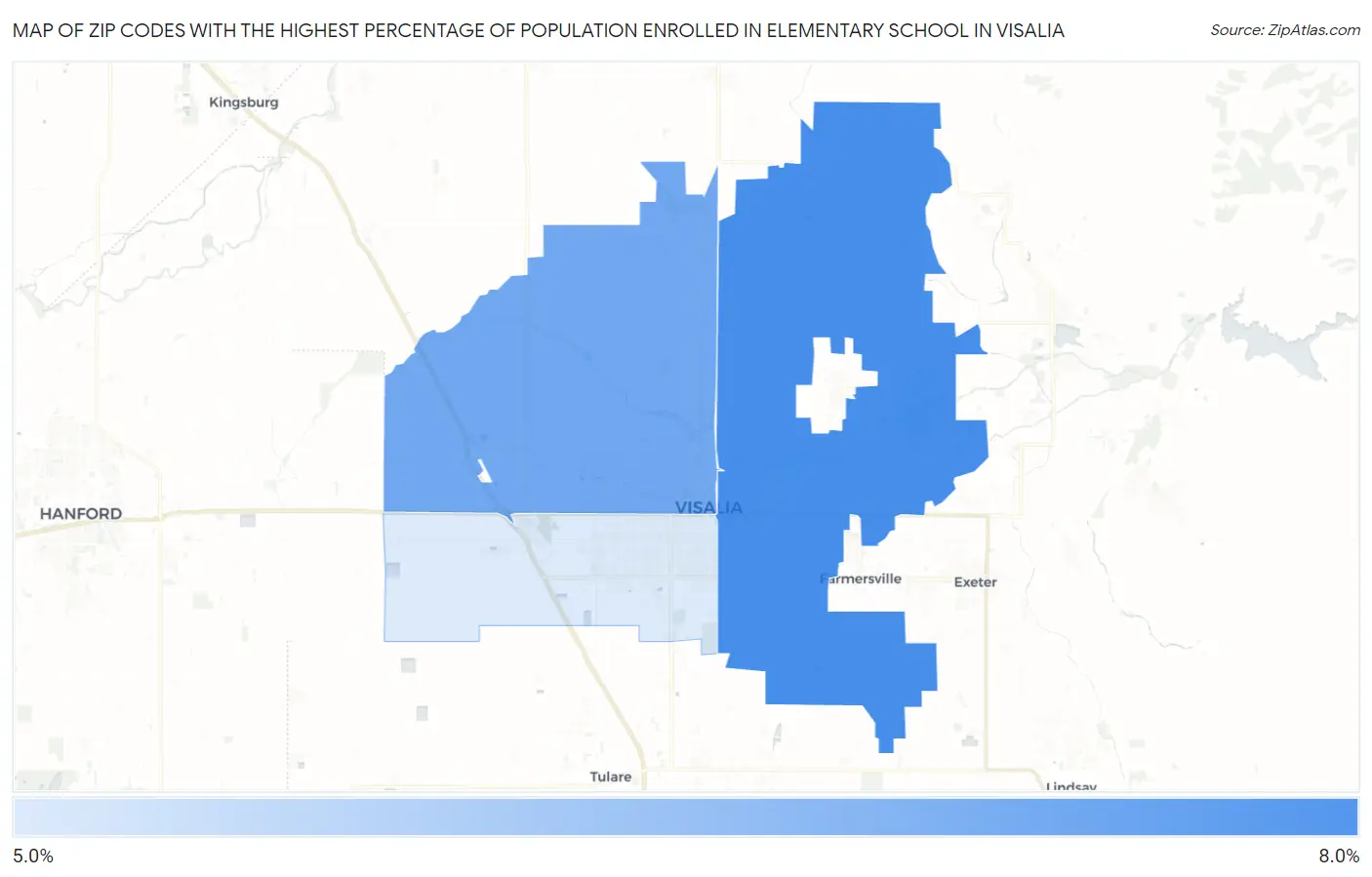 Zip Codes with the Highest Percentage of Population Enrolled in Elementary School in Visalia Map
