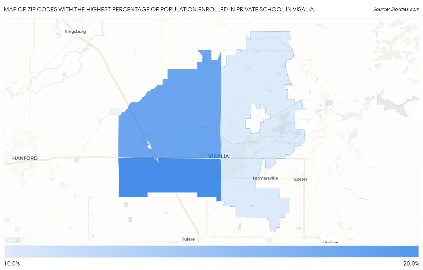 Zip Codes with the Highest Percentage of Population Enrolled in Private School in Visalia Map