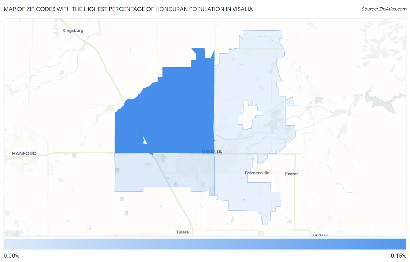 Zip Codes with the Highest Percentage of Honduran Population in Visalia Map