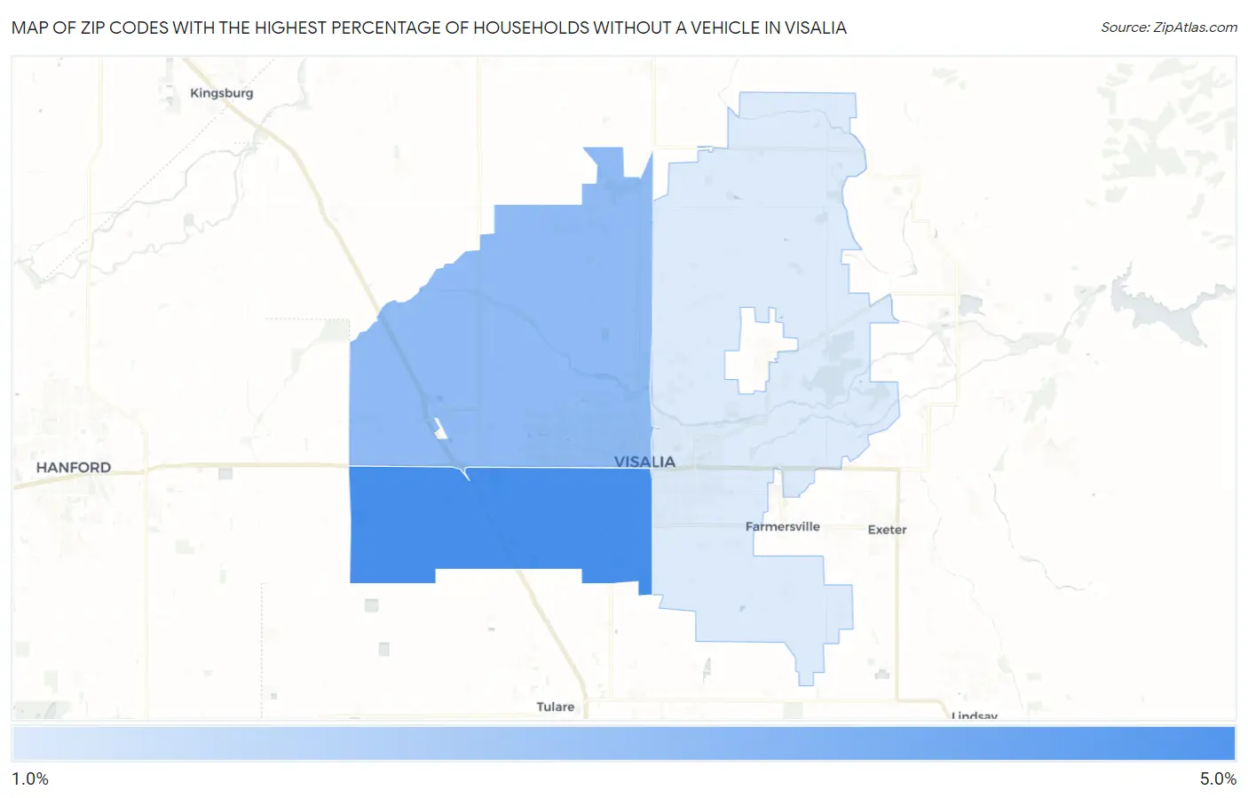 Zip Codes with the Highest Percentage of Households Without a Vehicle in Visalia Map