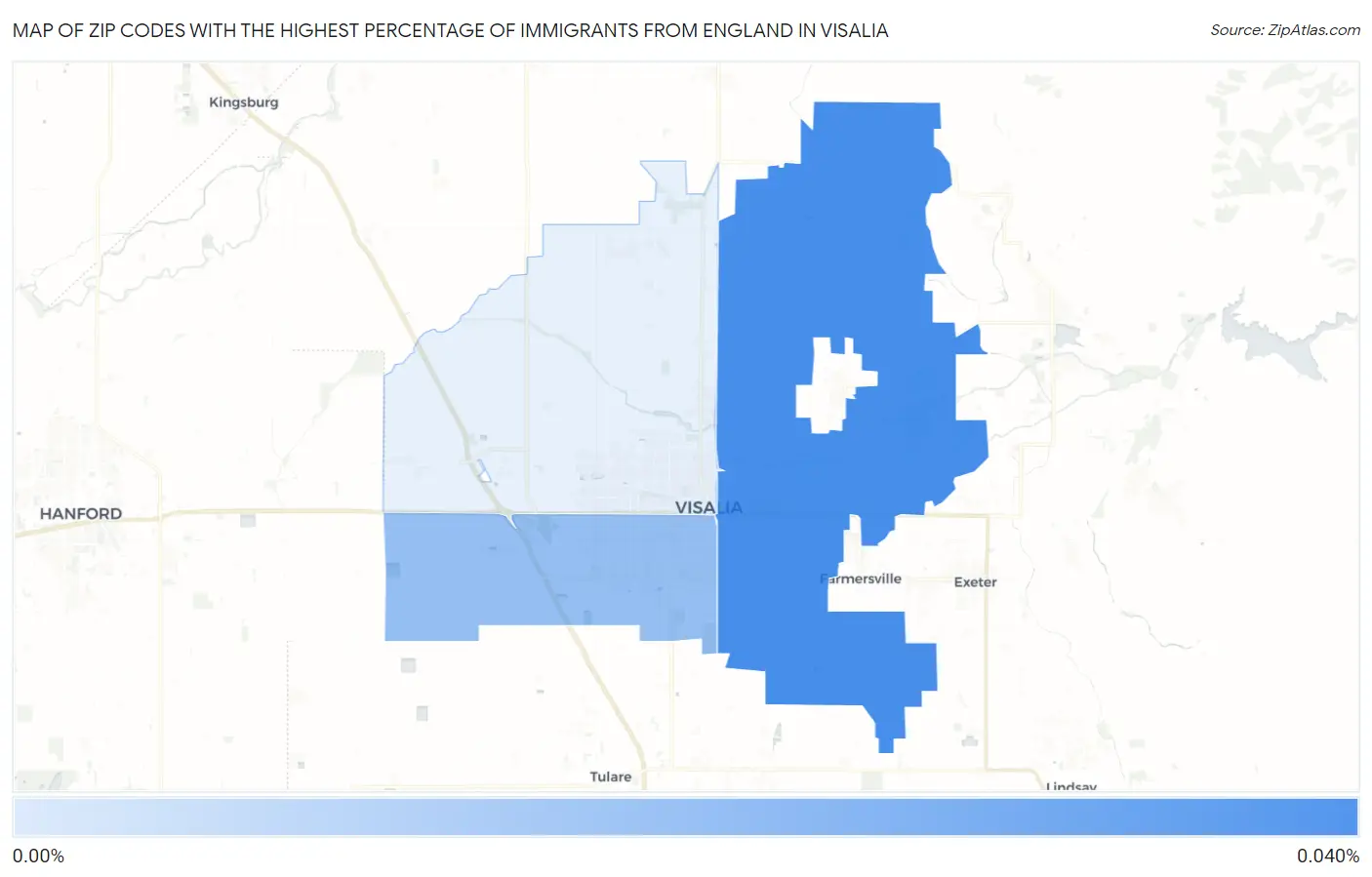 Zip Codes with the Highest Percentage of Immigrants from England in Visalia Map