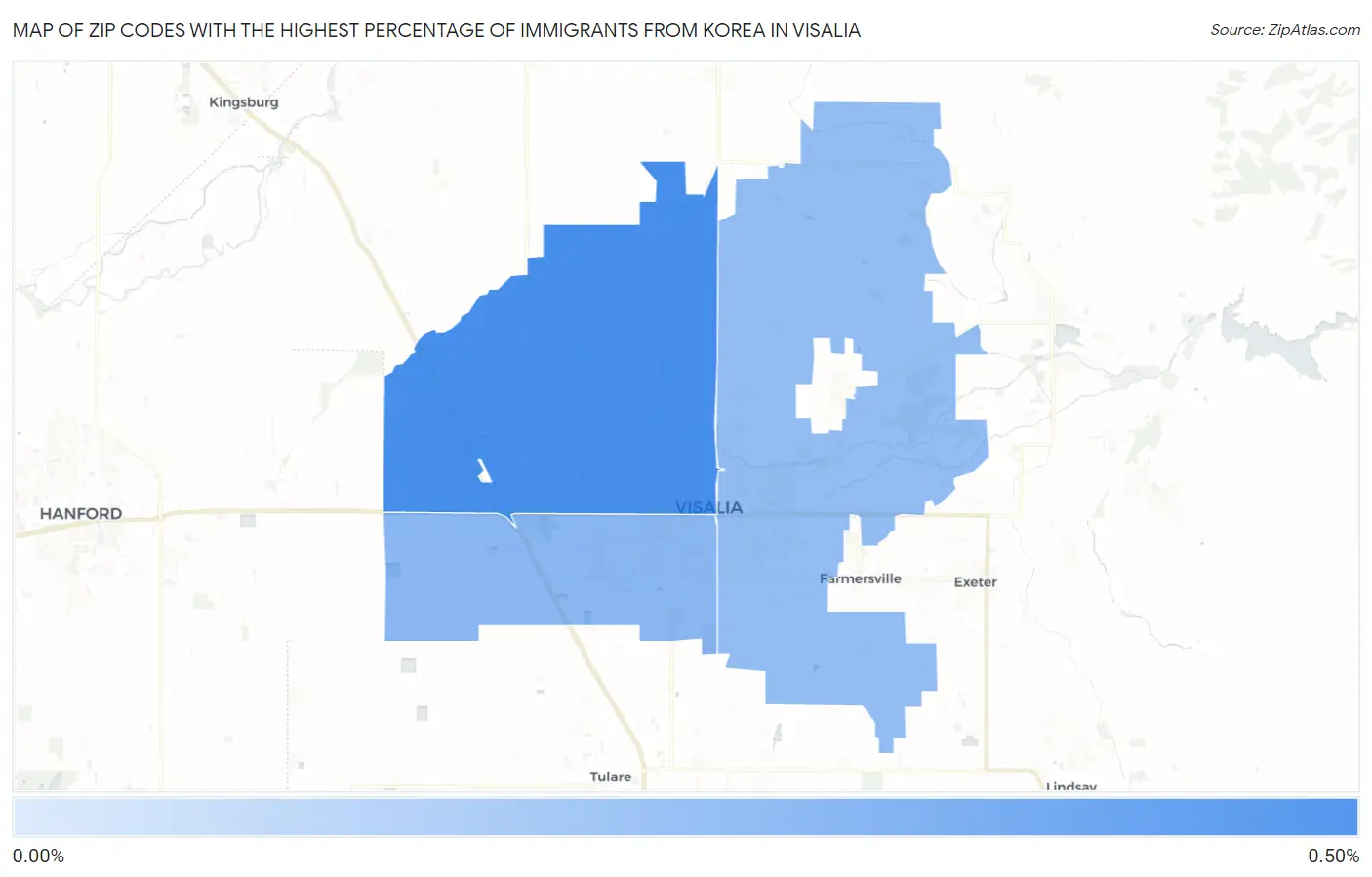 Zip Codes with the Highest Percentage of Immigrants from Korea in Visalia Map