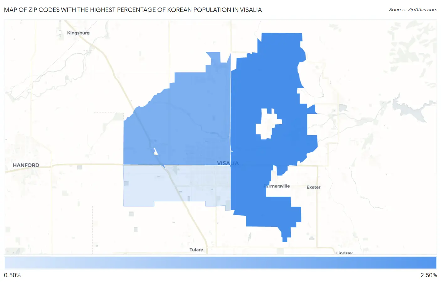 Zip Codes with the Highest Percentage of Korean Population in Visalia Map