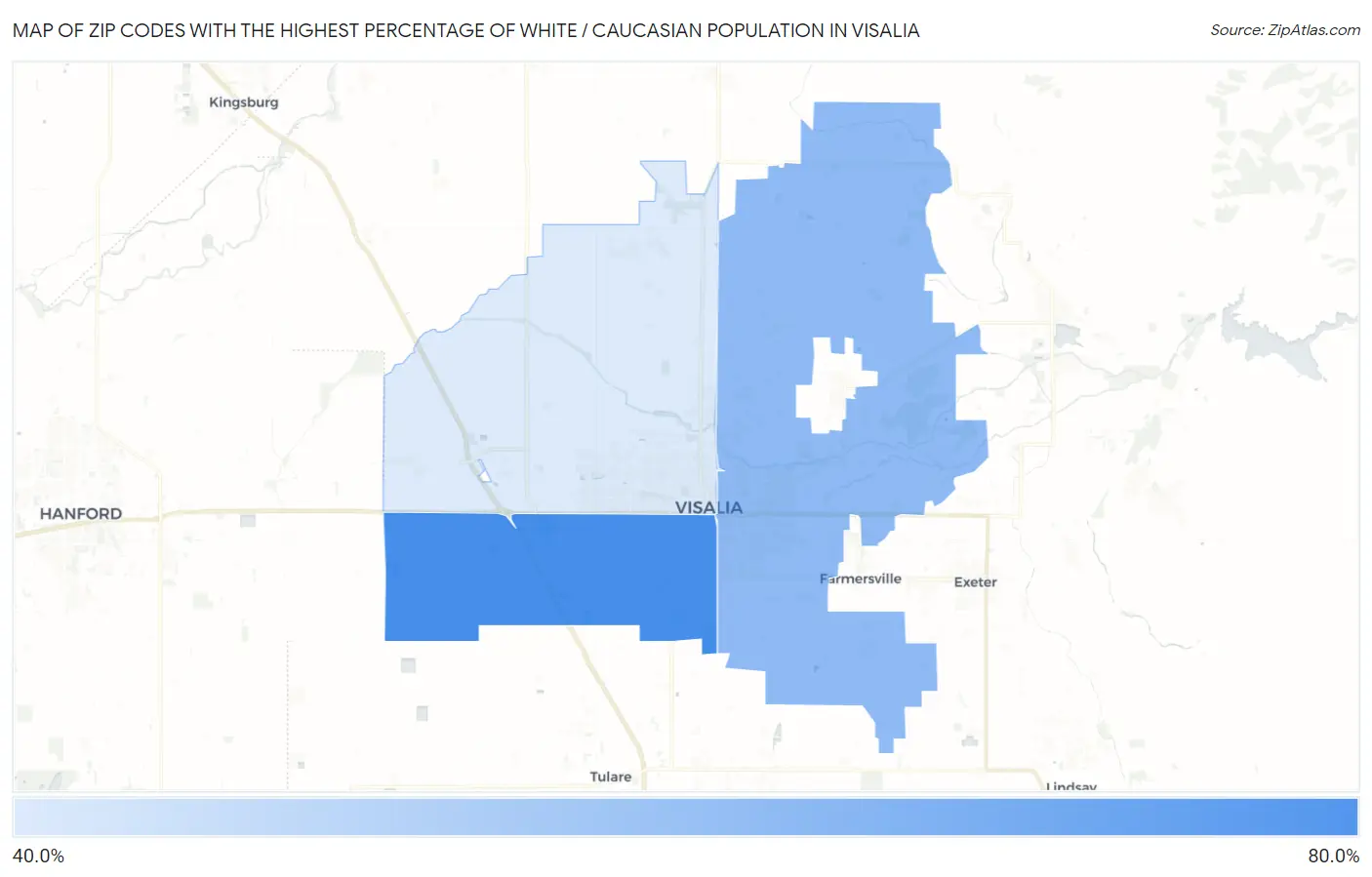 Zip Codes with the Highest Percentage of White / Caucasian Population in Visalia Map