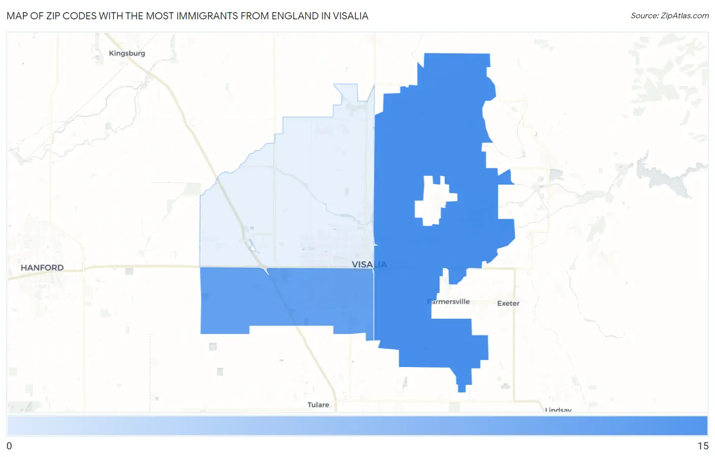 Zip Codes with the Most Immigrants from England in Visalia Map