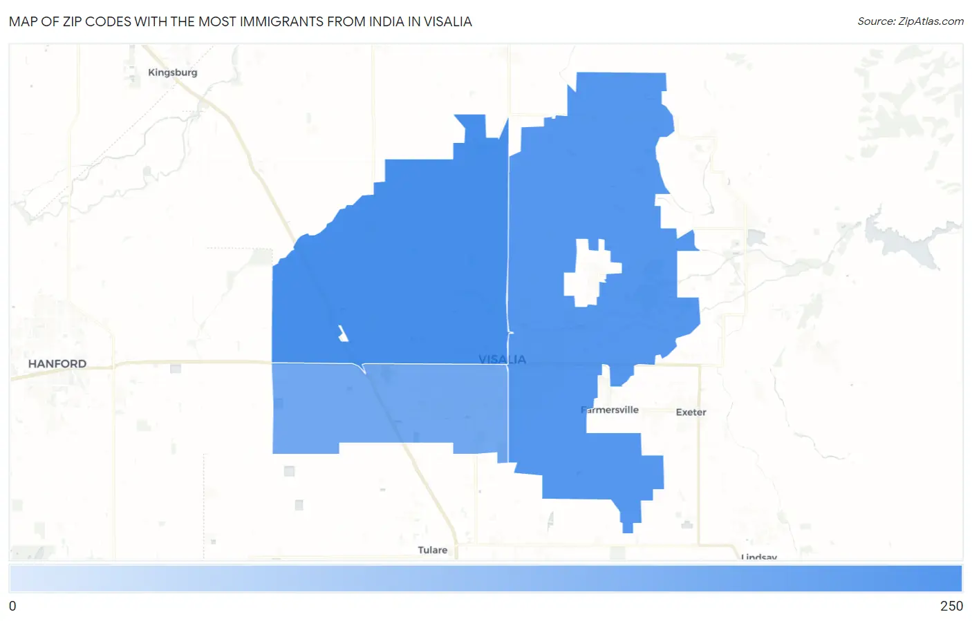 Zip Codes with the Most Immigrants from India in Visalia Map