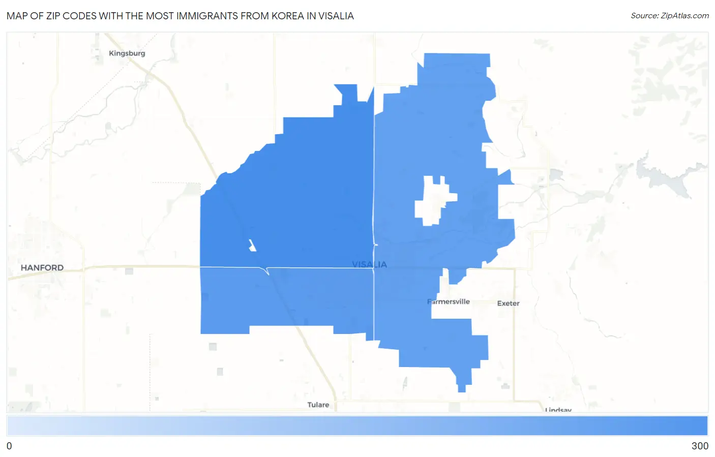 Zip Codes with the Most Immigrants from Korea in Visalia Map