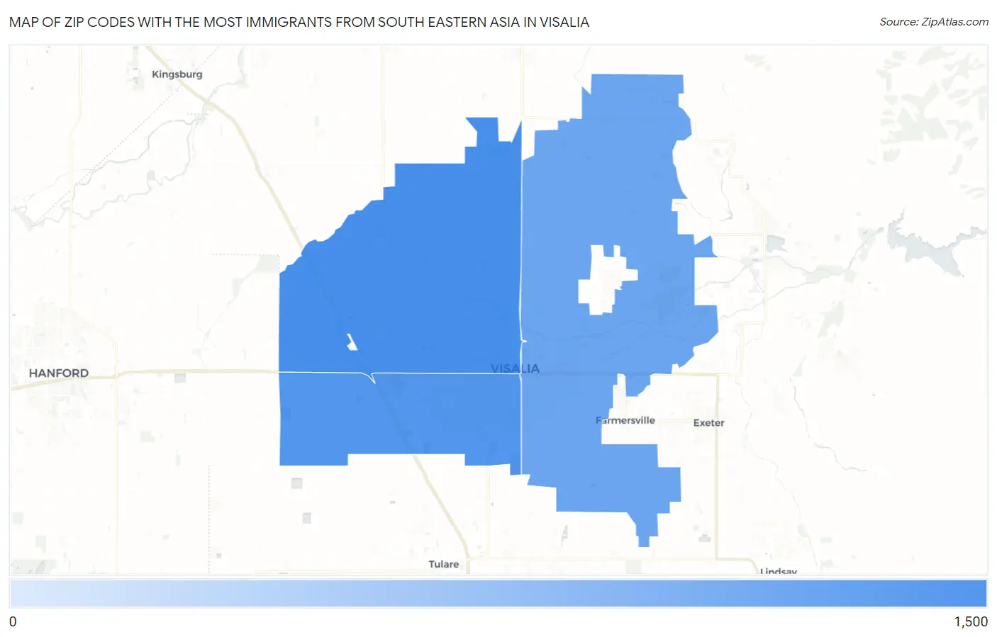 Zip Codes with the Most Immigrants from South Eastern Asia in Visalia Map