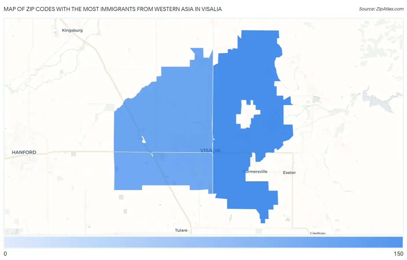 Zip Codes with the Most Immigrants from Western Asia in Visalia Map