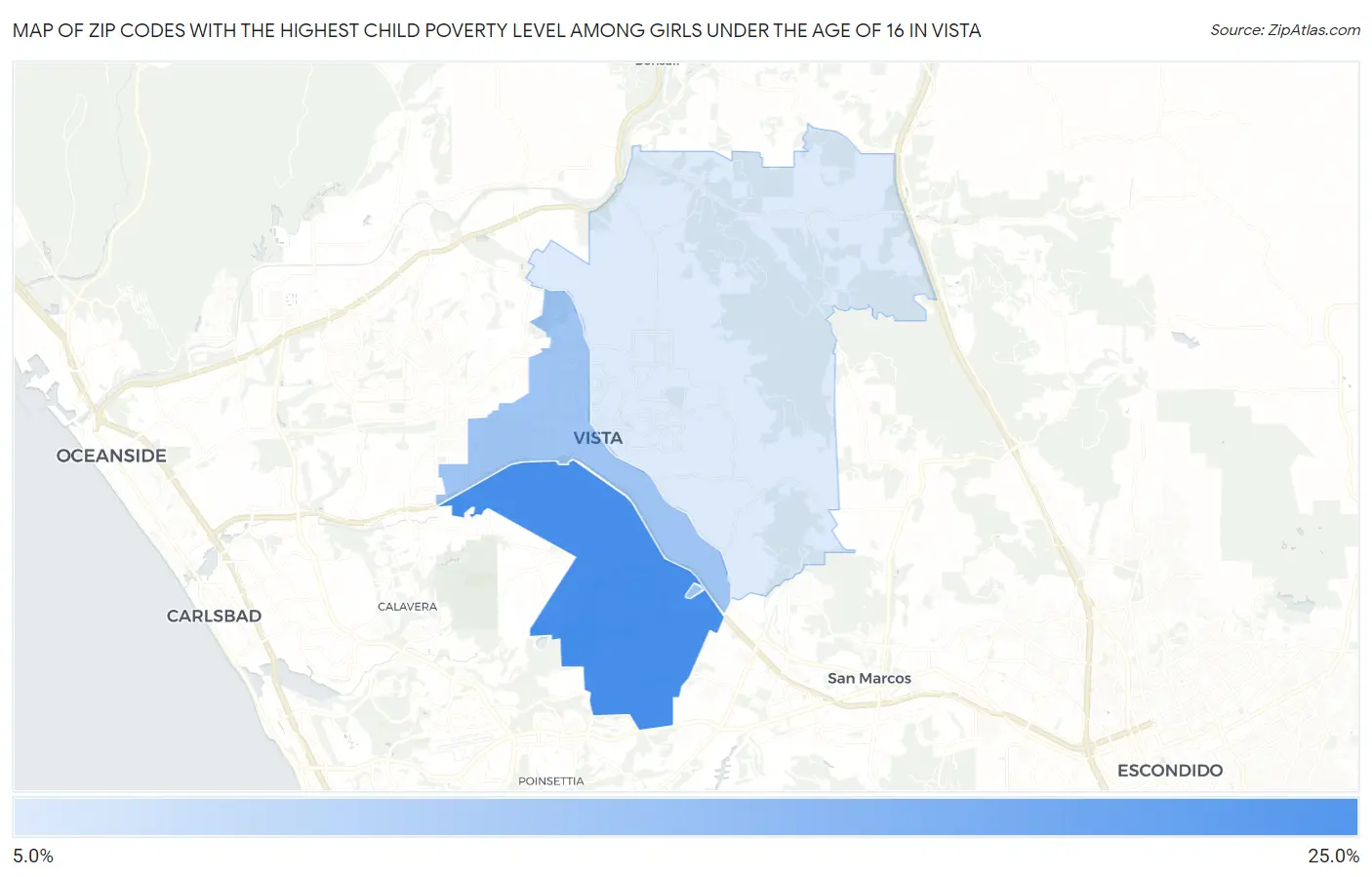 Zip Codes with the Highest Child Poverty Level Among Girls Under the Age of 16 in Vista Map