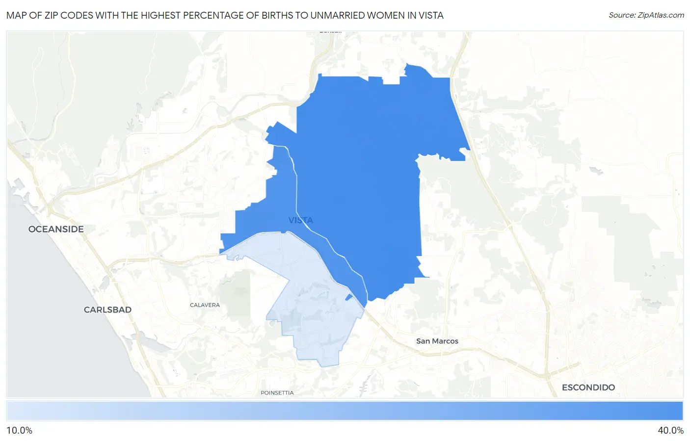 Zip Codes with the Highest Percentage of Births to Unmarried Women in Vista Map