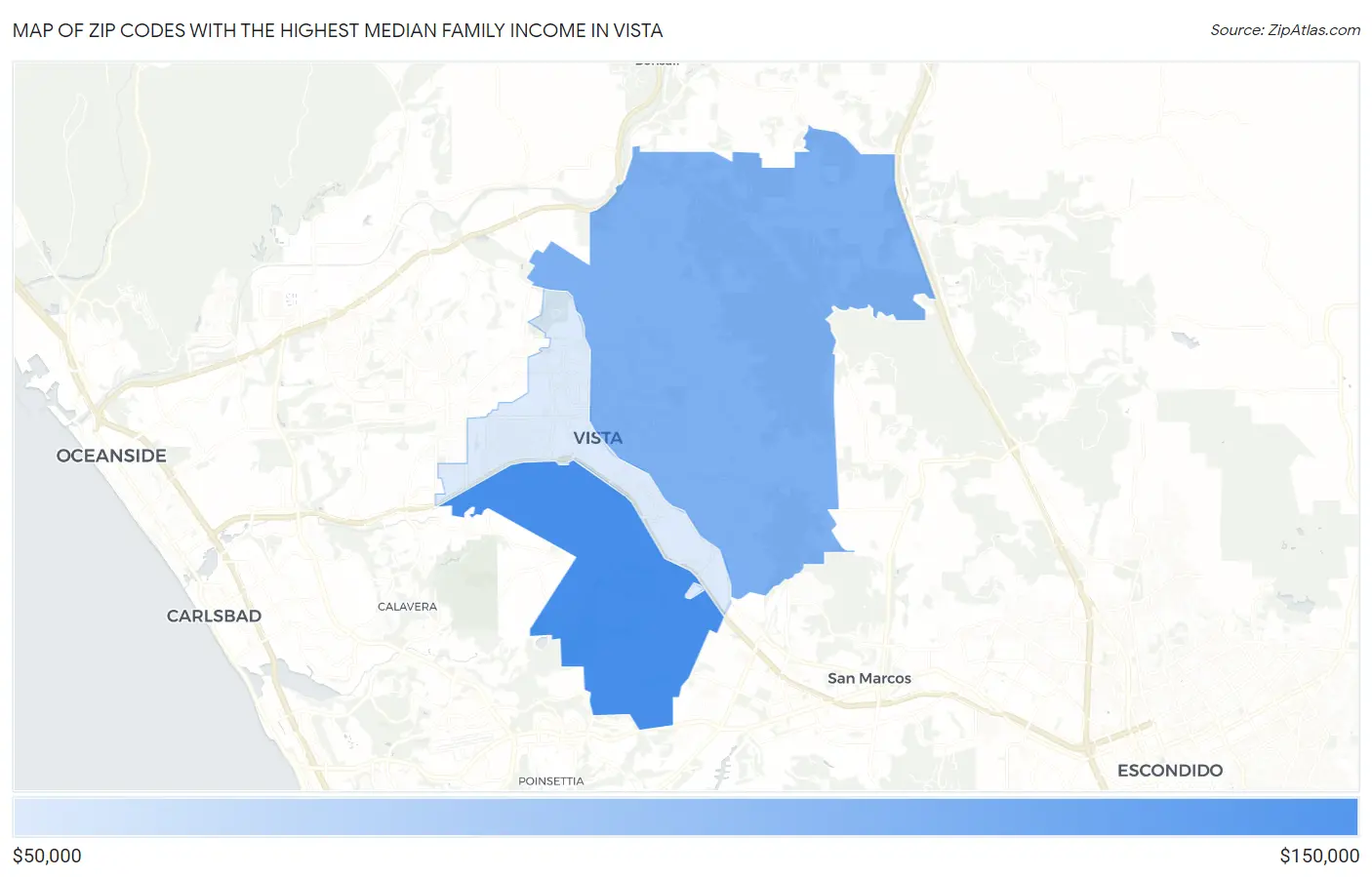 Zip Codes with the Highest Median Family Income in Vista Map