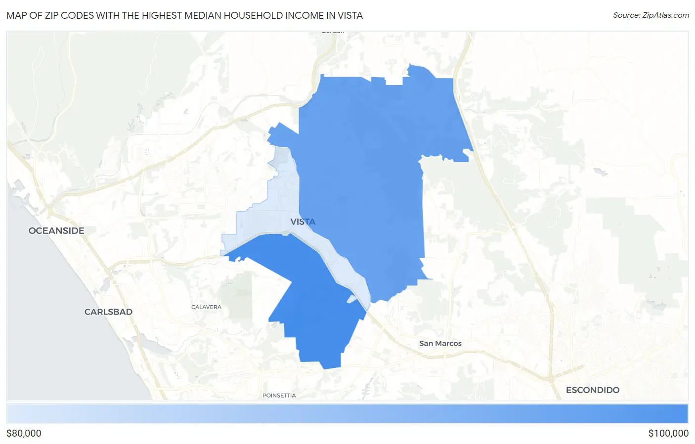 Zip Codes with the Highest Median Household Income in Vista Map
