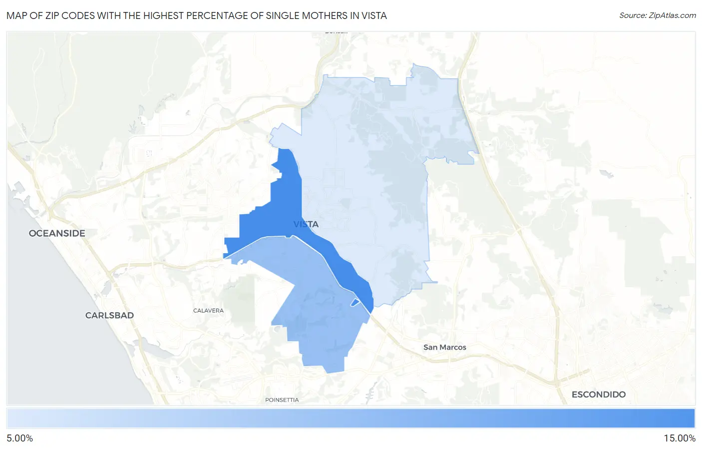 Zip Codes with the Highest Percentage of Single Mothers in Vista Map