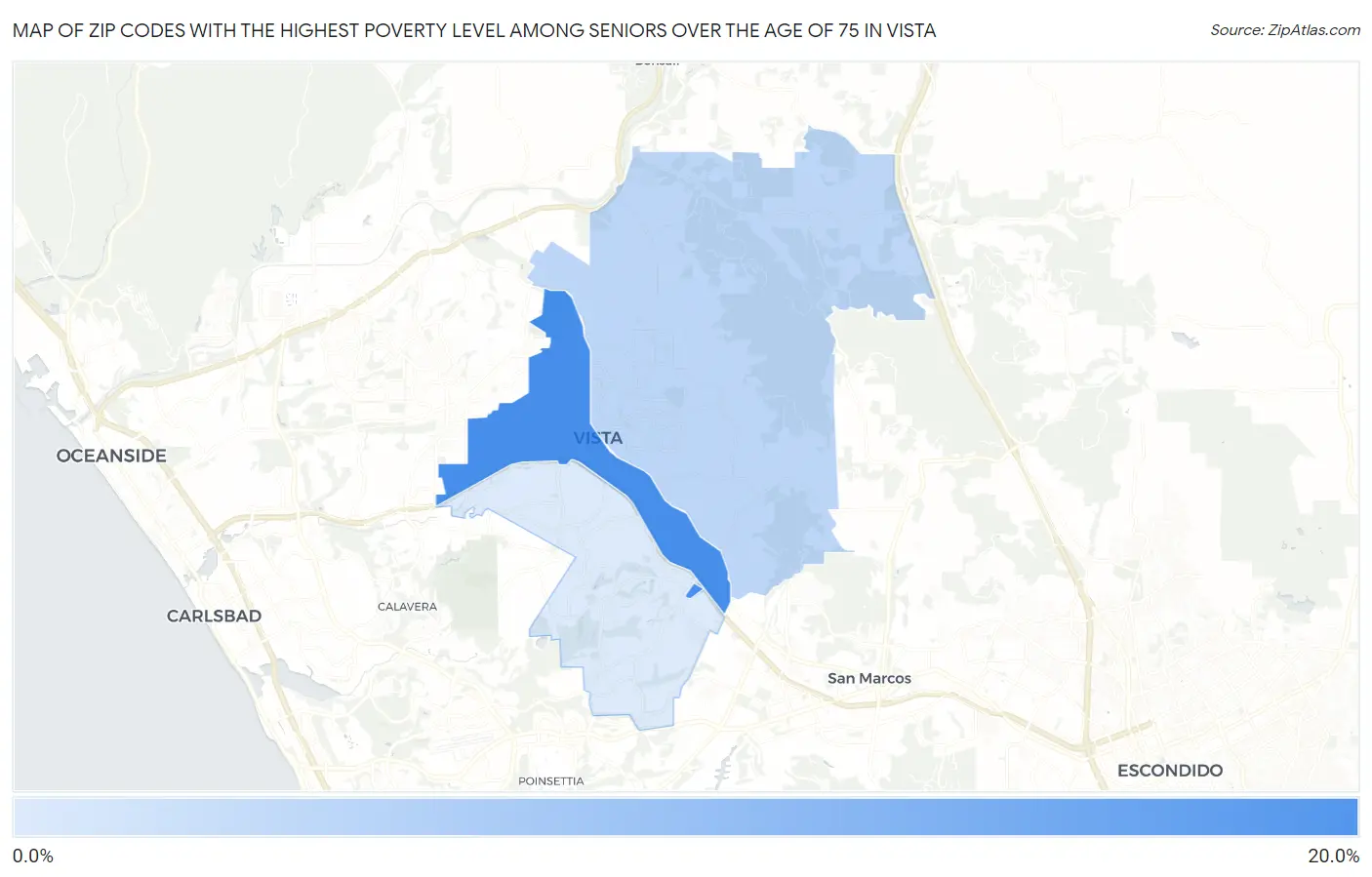 Zip Codes with the Highest Poverty Level Among Seniors Over the Age of 75 in Vista Map