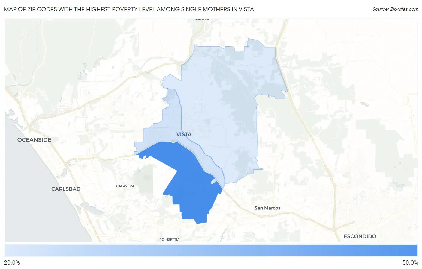 Zip Codes with the Highest Poverty Level Among Single Mothers in Vista Map