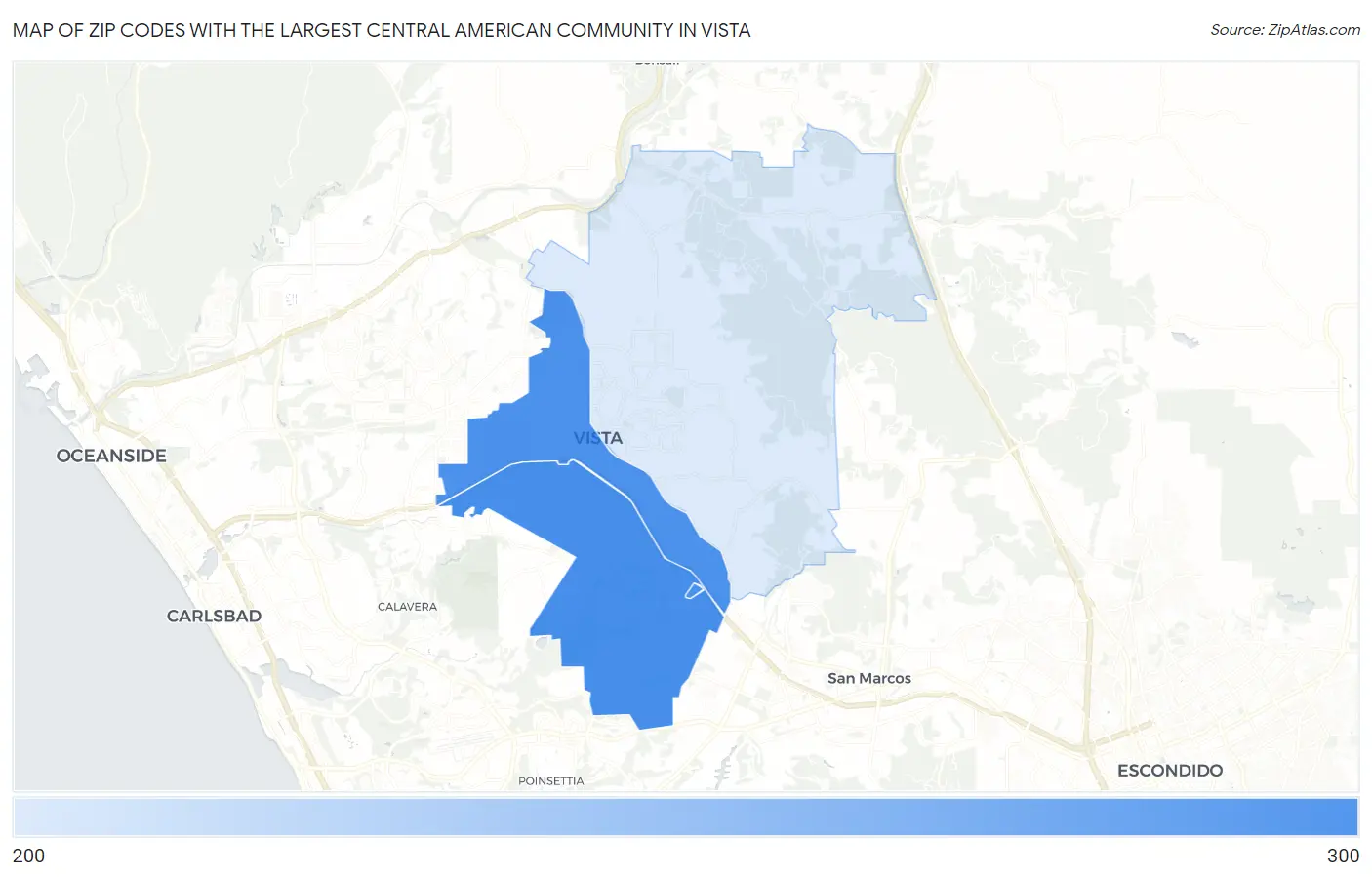 Zip Codes with the Largest Central American Community in Vista Map