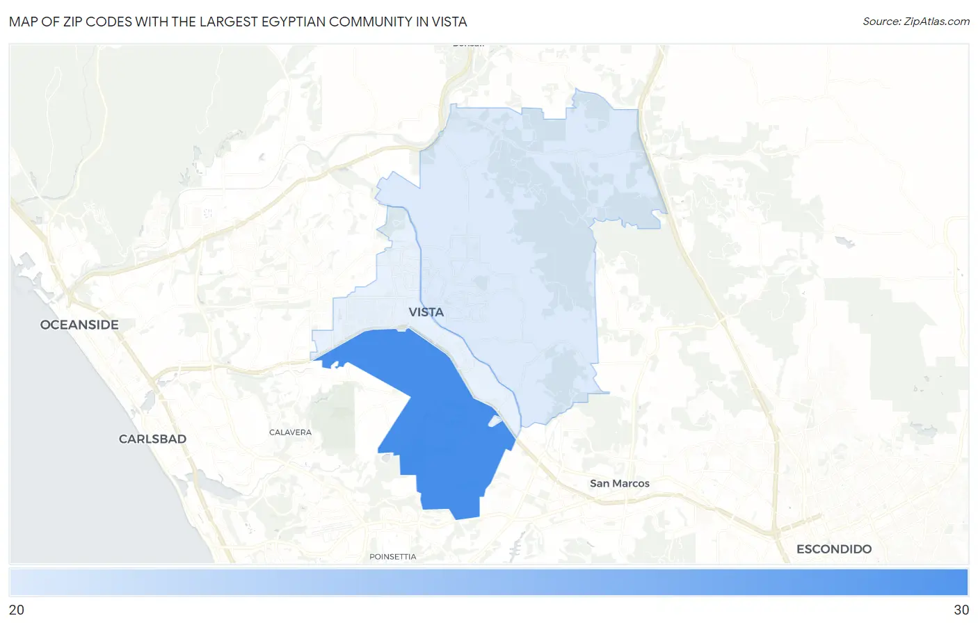 Zip Codes with the Largest Egyptian Community in Vista Map