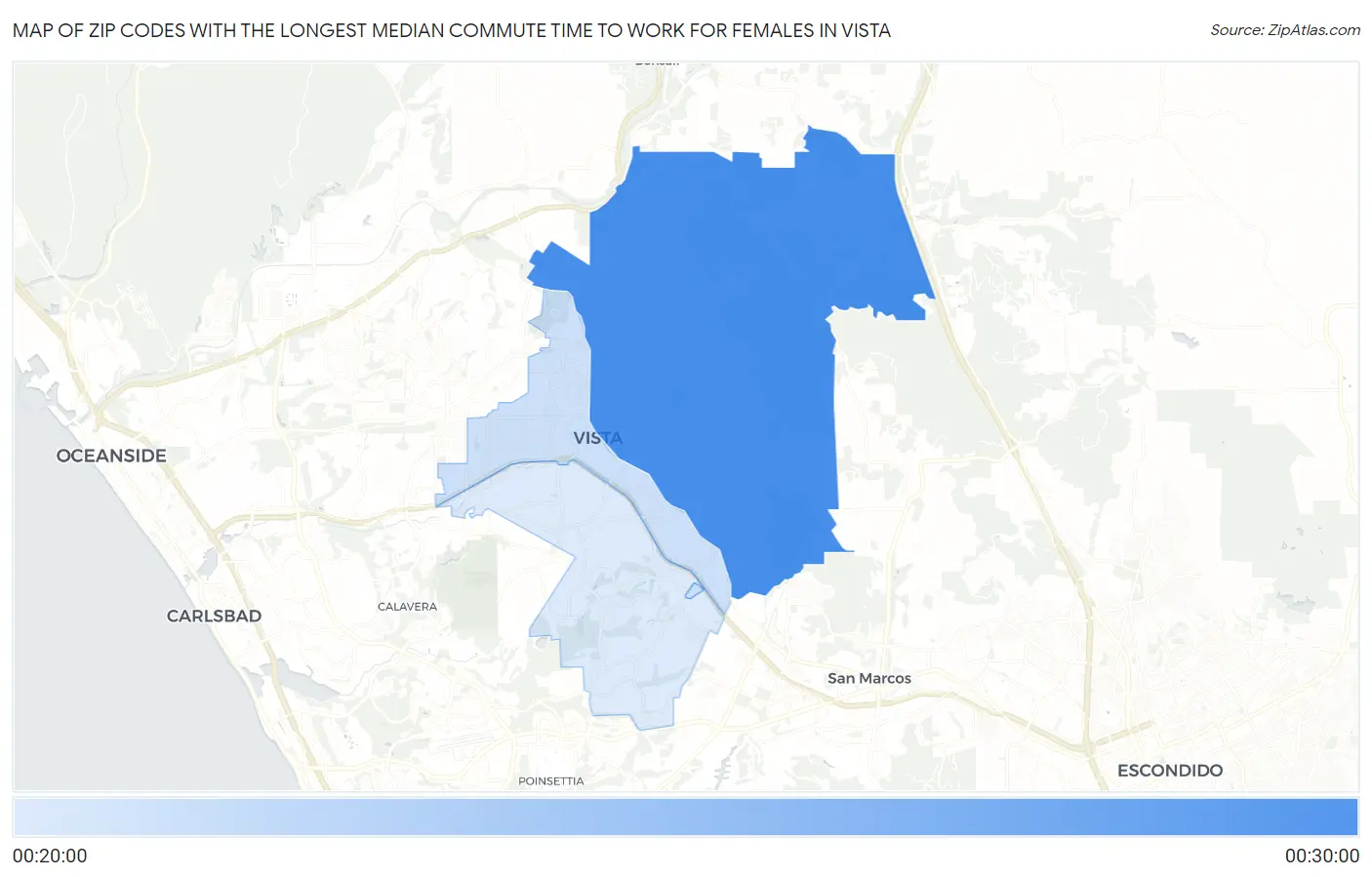 Zip Codes with the Longest Median Commute Time to Work for Females in Vista Map