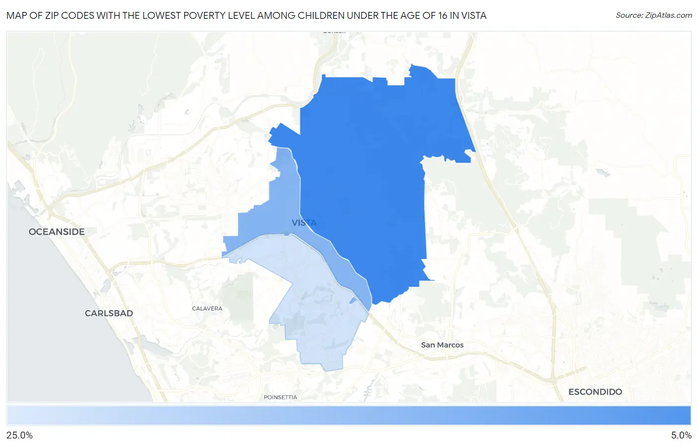 Zip Codes with the Lowest Poverty Level Among Children Under the Age of 16 in Vista Map