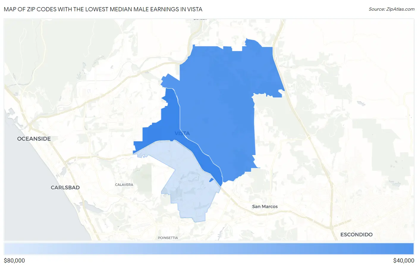 Zip Codes with the Lowest Median Male Earnings in Vista Map